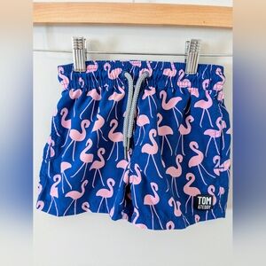 Tom & Teddy Navy Blue Pink Flamingo Print Swim Trunks Beach Resort Vacation